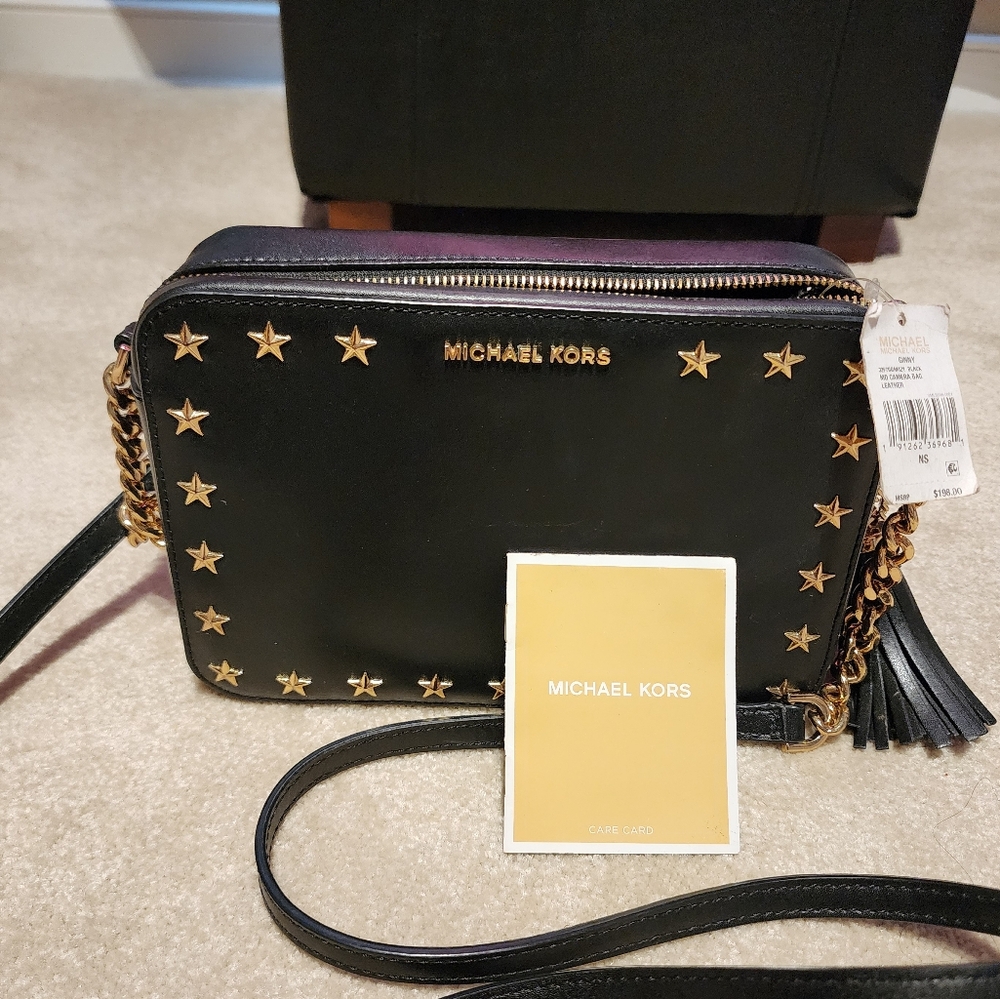 Michael Kors Black and Gold Star-Studded Women's Ginny Medium Camera Bag